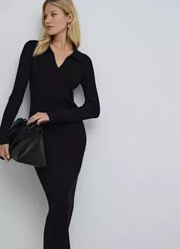 Вязаное платье с воротником-поло, Черный