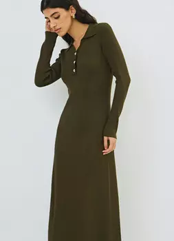 Вязаное платье с воротником поло на пуговицах, Зеленый