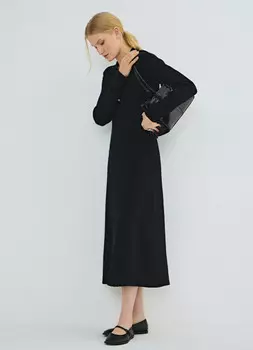 Вязаное платье с воротником поло на пуговицах, Черный