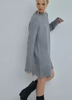 Вязаное платье-свитер с рваным дизайном, Серый