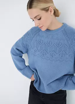 Вязаный джемпер с круглым вырезом, Синий