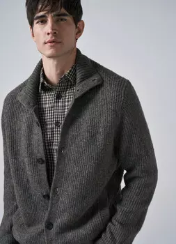 Вязаный кардиган с воротником-стойкой на пуговицах, Коричневый