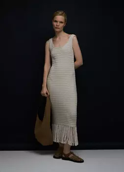 Вязаный сарафан с бахромой, Бежевый