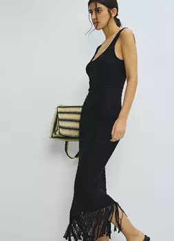 Вязаный сарафан с бахромой, Черный