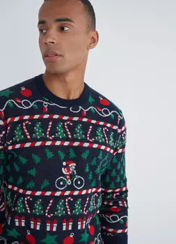 Жаккардовый джемпер с круглым вырезом, Синий