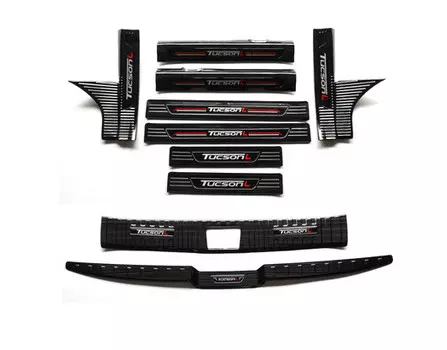 Комплект накладок на пороги, бампер и багажный проем (черный глянец) для Hyundai Tucson (4G) 2021-