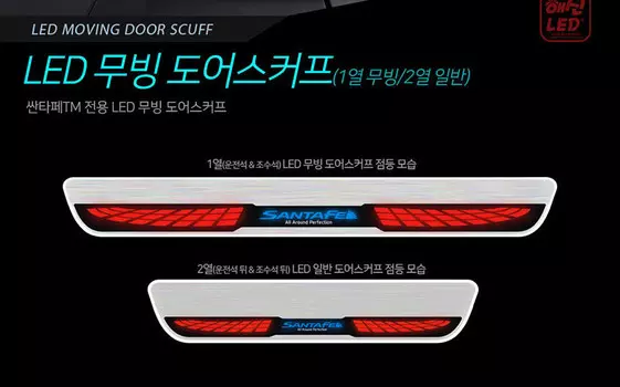 Накладки на дверные пороги с движущейся подсветкой для Санта Фе 4 (Hyundai Santa Fe 2018 - 2019)