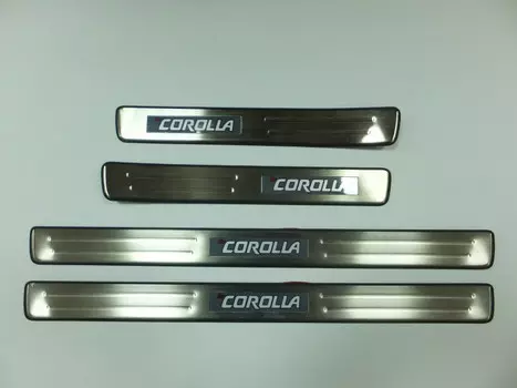 Накладки на дверные пороги с логотипом и LED подсветкой (нержавеющая сталь) JMT 24348 Toyota Corolla 2002 - 2007