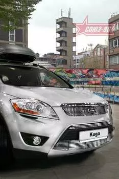 Решетка в бампер 10 мм (2 элемента - верх - 3, низ - 9 труб.) - черные заглушки Souz-96 FKUG.96.2027 Ford Kuga 2008-