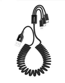 Универсальная зарядка с удлинителем, для 3 устройст, черная, пружинка Rock ROCK00111