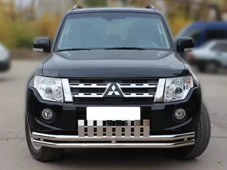 Защита передняя трубообразная двойная d-60+60 с верхней накладкой Технотек MP2012_1.1 для Mitsubishi Pajero IV 2006-