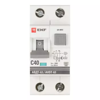 Автомат дифференциальный EKF (DA63-40-30-AC) 40А 30 мА 1P+N тип АС 6 кА