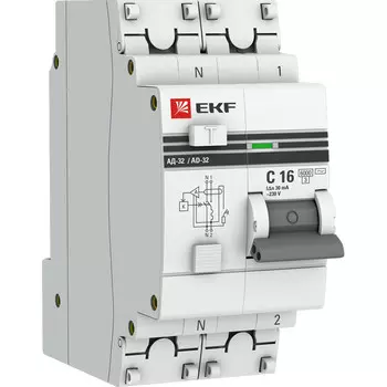 Автомат дифференциальный EKF PROxima АД-32 16А 30 мА 1P+N тип AC 6 кА (DA32-6-16-30-aс-pro)
