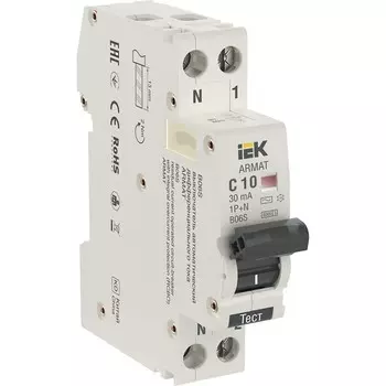 Автомат дифференциальный IEK Armat B06S 10А 1P+NP тип AC 30 мА 6 кА (AR-B06S-1N-C10C030)