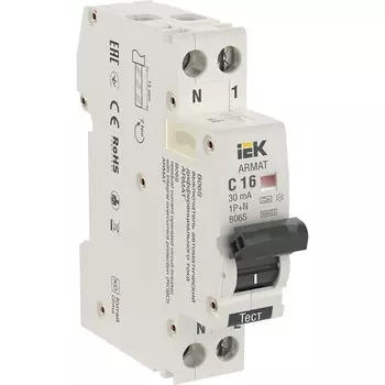 Автомат дифференциальный IEK Armat B06S 16А 1P+NP тип A 30 мА 6 кА (AR-B06S-1N-C16A030)