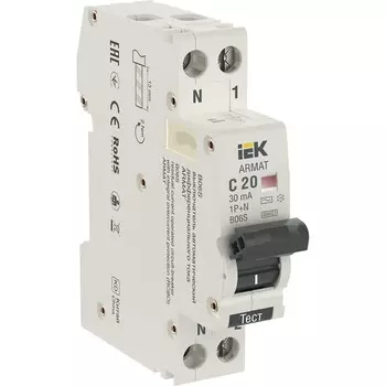 Автомат дифференциальный IEK Armat B06S 20А 1P+NP тип AC 30 мА 6 кА (AR-B06S-1N-C20C030)