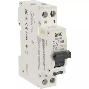 Автомат дифференциальный IEK Armat B06S 32А 1P+NP тип AC 30 мА 6 кА (AR-B06S-1N-C32C030)