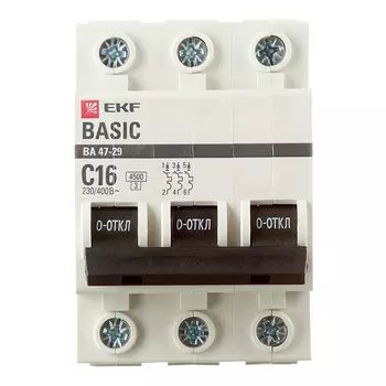 Автоматический выключатель модульный EKF Basic ВА 47-29 3P 16А тип C 4,5 кА 400 В (mcb4729-3-16C)