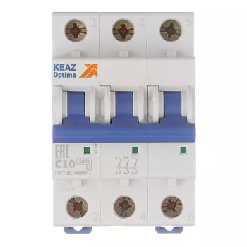 Автоматический выключатель модульный КЭАЗ OptiDin 3P 10А тип C 6 кА 380 В (260789)