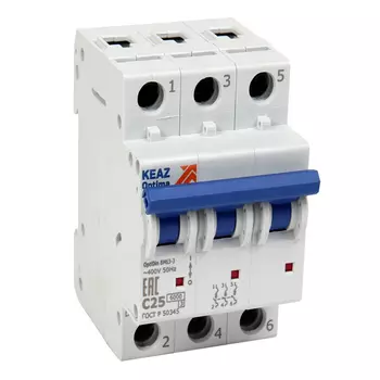 Автоматический выключатель модульный КЭАЗ OptiDin 3P 25А тип C 6 кА 380 В (260794)
