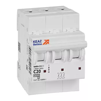 Автоматический выключатель модульный КЭАЗ OptiDin BM63 3P 20А тип C 4,5 кА 230/400 В (326813)