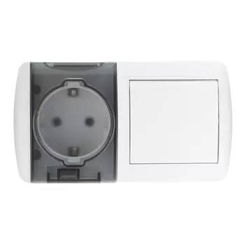 Блок переключателя с розеткой Lezard NATA 710-0200-170 горизонтальный одноклавишный открытая установка белый с заземлением с крышкой