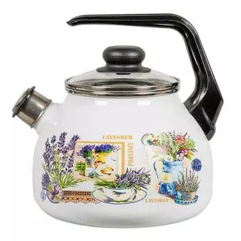 Чайник со свистком эмалированный Стальэмаль Горная лаванда 3 л белый