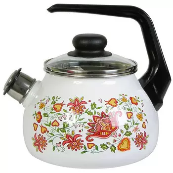 Чайник со свистком эмалированный Стальэмаль Вышивка 2 л белый