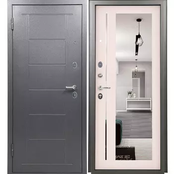 Дверь входная Промет Титан правая букле графит - беленый дуб с зеркалом 960х2050 мм