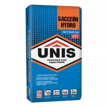 Клей для плитки/ керамогранита/ камня Unis Бассейн Hydro влагостойкий серый класс C1 T 25 кг