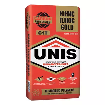 Клей для плитки/ керамогранита/ камня Unis Плюс Gold серый класс С1 Т 23 кг