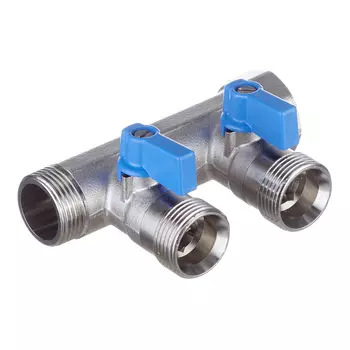 Коллектор Henco 3/4 ВР(г) х 2 выхода 3/4 НР(ш) ЕК х 3/4 НР(ш) с шаровыми кранами (VB050502-BLAUW)
