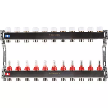 Коллекторная группа с расходомерами Rommer 1 ВР(г) х 11 выходов 3/4 НР(ш) ЕК х 1 ВР(г)