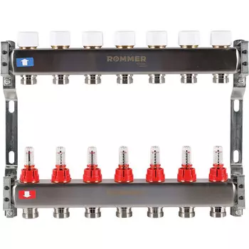 Коллекторная группа с расходомерами Rommer 1 ВР(г) х 7 выходов 3/4 НР(ш) ЕК х 1 ВР(г)