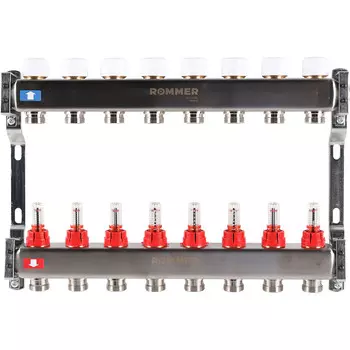 Коллекторная группа с расходомерами Rommer 1 ВР(г) х 8 выходов 3/4 НР(ш) ЕК х 1 ВР(г)