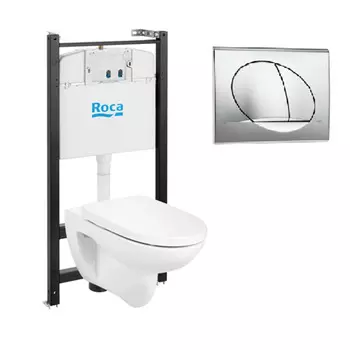 Комплект инсталляции Roca Debba Round с унитазом Rimless с кнопкой хром и сиденьем дюропласт микролифт быстросъем (893104980)