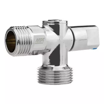 Кран шаровой латунный MPF 1/2 НР(ш) х 3/4 НР(ш) к бытовой технике хром мини с отражателем угловой (ИС.081201)