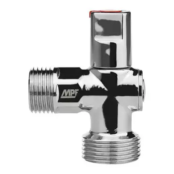 Кран шаровой латунный MPF 1/2 НР(ш) х 3/4 НР(ш) к бытовой технике хром мини с отражателем угловой (ИС.081200)