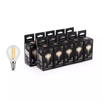 Лампа светодиодная филаментная Gauss E14 2700К 11 Вт 720 Лм 150-265 В шар прозрачная (10 шт.)