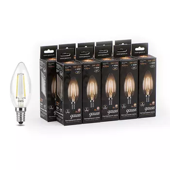 Лампа светодиодная филаментная Gauss E14 2700К 5 Вт 420 Лм 150-265 В свеча прозрачная (10 шт.)