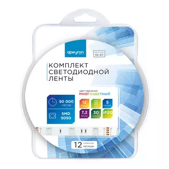 Лента светодиодная SMD 5050 RGB свет 12 В 7,2 Вт/м 5 м IP20 Apeyron (10-47)