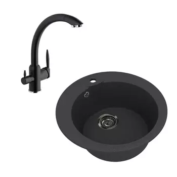 Мойка для кухни Dr.Gans Ротанг d50х20 см с сифоном со смесителем Lavelly Poseidon с подключением к фильтру искусственный камень черная (29.010.B0500.407/673092)