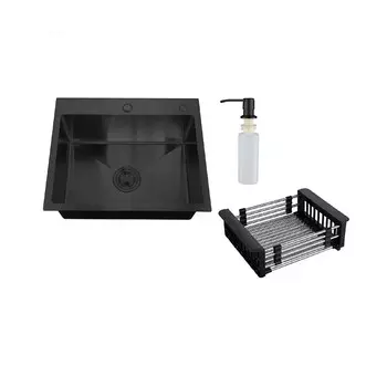 Мойка для кухни РМС 50х60х20 см врезная с коландером и дозатором сталь графит (MR-6050BL)