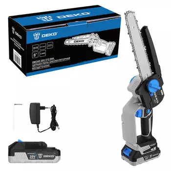 Пила цепная аккумуляторная Deko DKCHS 20V 20 В 8" шаг 1/4" паз 1,4 мм 46 звеньев Li-Ion 2Ач 2 АКБ и ЗУ (063-4484)