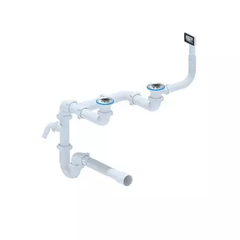 Сифон для двойной мойки АНИ пласт 3 1/2х40 мм со смещением с выпуском d115 мм с переливом с соединением 40 мм (LD0515SA15)