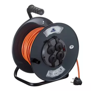 Удлинитель Партнер Электро с заземлением 30 м на катушке металл 3,5 кВт 4 розетки ПВС 3х1,5 кв.мм IP44