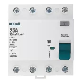 УЗО Dekraft УЗО-03 25А 3P+N тип AC 300 мА 6 кА компактное (14249DEK)