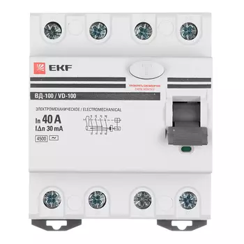 УЗО EKF PROxima ВД-100 40А 3P+N тип AC 30 мА 4,5 кА компактное (elcb-4-40-30-em-pro)