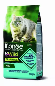 Корм Monge беззерновой для взрослых кошек, с треской, картофелем и чечевицей (1,5 кг)