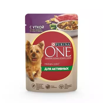 PURINA ONE активная для взрослых собак мелких пород с активным образом жизни, с уткой, пастой и зеленой фасолью в подливе (85 г)